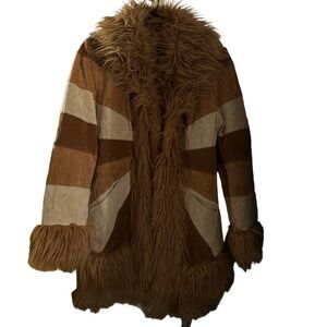 Giacca Coat Womens Brown Beige Vintage Patchwork penny lane leather 70s size S M